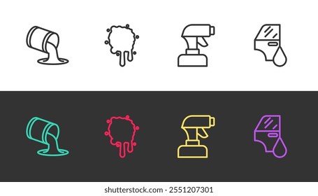 Set line Paint bucket, spray, gun and Car painting on black and white. Vector