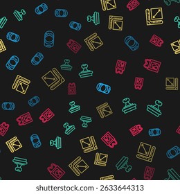 Set line Paint bucket, Stamp, Paper size and shopping bag on seamless pattern. Vector