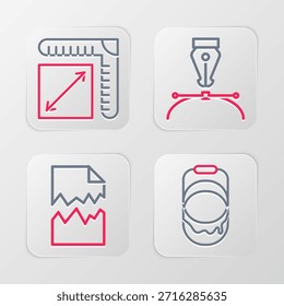 Set line Paint bucket, Torn document, Fountain pen nib and Paper size icon. Vector