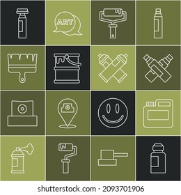Set line Paint, gouache, jar, dye, Marker pen, roller brush, bucket,  and spray can icon. Vector