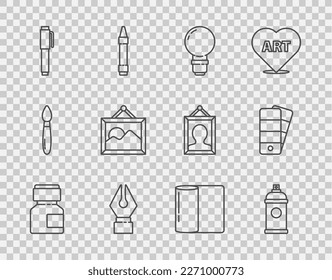 Set line Paint, gouache, jar, dye, spray can, Light bulb, Fountain pen nib, Pen, Picture landscape, Paper towel roll and Palette icon. Vector