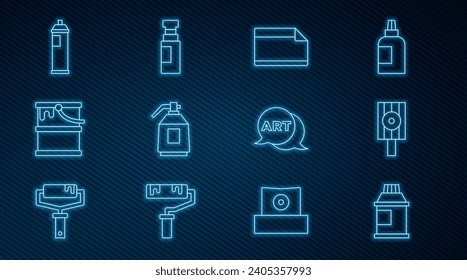 Set line Paint, gouache, jar, dye, Spray can nozzle cap, Paper adhesive sticker, spray gun, bucket, Speech bubble with text art and Marker pen icon. Vector