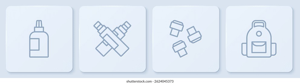 Set line Paint, gouache, jar, dye, Marker pen attachment,  and School backpack. White square button. Vector
