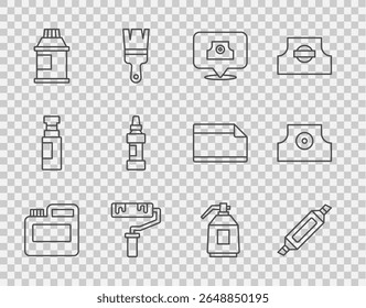 Set line Paint, gouache, jar, dye, Marker pen, Spray can nozzle cap, roller brush, spray gun and  icon. Vector