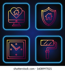Set line Paint roller brush, Clock, Monitor with house in heart shape and House with shield. Gradient color icons. Vector