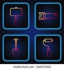 Fije la línea Pincel de rodillos de pintura, Pala, Martillo y sierra de mano. Iconos de color degradado. Vector