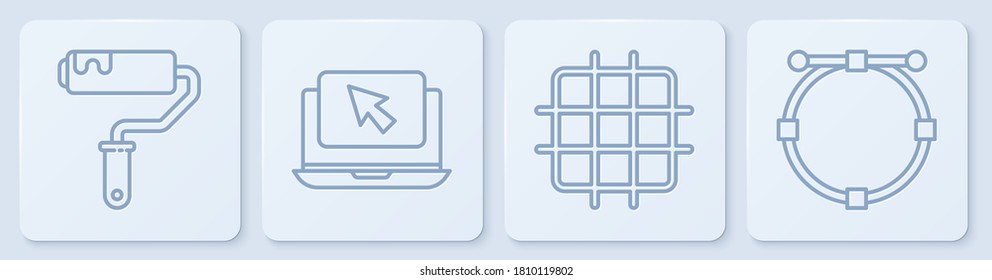Set line Paint roller brush, Grid graph paper, Laptop and cursor and Circle with Bezier curve. White square button. Vector