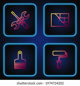 Set line Paint roller brush, , Screwdriver and wrench and Bricks. Gradient color icons. Vector