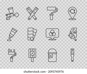 Set Line Paint Roller Brush, Spray Can Nozzle Cap, Spray Gun, Color Palette Guide, Bucket And Car Painting Icon. Vector