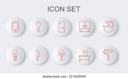 Set Linie Pinsel, Glühbirne, Kühlschrank, Badewanne, Handy, Hausschlüssel, Knife und Spatula Symbol. Vektorgrafik