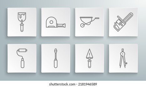 Set line Paint roller brush, Roulette construction, Screwdriver, Trowel, Drawing compass, Wheelbarrow, Chainsaw and Putty knife icon. Vector