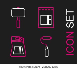 Set line Paint roller brush, Cement bag,  and Sledgehammer icon. Vector