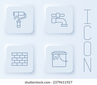Set line Paint roller brush, Water tap, Bricks and bucket. White square button. Vector