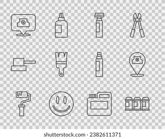 Set line Paint roller brush, spray can, Marker pen, Smile face, Spray nozzle cap, Paint, gouache, jar, dye and  icon. Vector