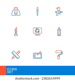 Fijar línea Pincel de rodillos de pintura, Comprimido gráfico, Lápiz y regla cruzada, Marcador, Tejido de pluma, spray, pistola e icono. Vector