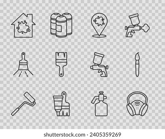 Fijar la línea Pincel de rodillos de pintura, Máscara de gas, pulverización, Tubo con pintura, Pintando la casa, arma e icono. Vector