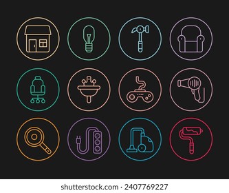 Fijar línea Pincel de rodillos de pintura, Secador de pelo, Martillo, Lavabo, silla de oficina, Casa, Gamepad e icono de lámpara de luz. Vector