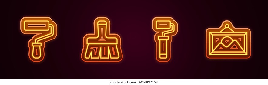 Set line Paint roller brush,  and Picture landscape. Glowing neon icon. Vector