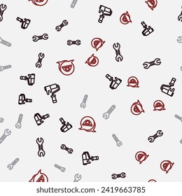 Set line Paint roller brush, Wrench spanner,  and Worker safety helmet on seamless pattern. Vector