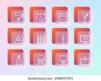 Pincel de rodillos, cubo, caballete de madera, lápices de cera para dibujar e icono de curva de Bézier. Vector