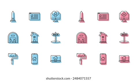 Pincel de rodillo de pintura, teléfono móvil con hogar inteligente, monumento de Washington, ordenador portátil y, símbolo de la casa, texto de signo colgante Venta, Almacén e icono en línea. Vector
