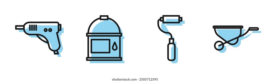 Set line Paint roller brush, Electric hot glue gun, Paint bucket and Wheelbarrow icon. Vector