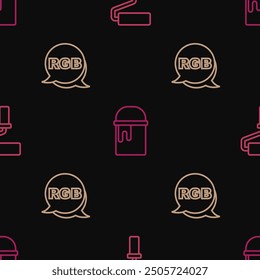 Set line Paint roller brush, RGB and bucket on seamless pattern. Vector