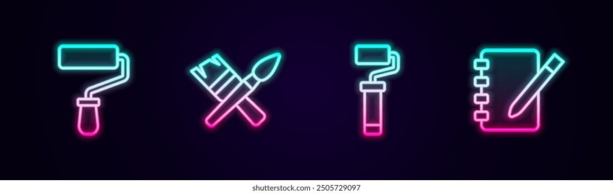 Set line Paint roller brush,  and Notebook. Glowing neon icon. Vector