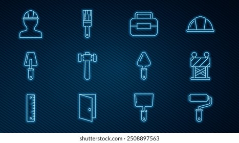 Set line Paint roller brush, Road barrier, Toolbox, Hammer, Trowel, Worker safety helmet,  and  icon. Vector