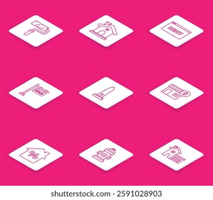 Set line Paint roller brush, House, Hanging sign with text Online Rent, Sold, Washington monument, dollar symbol, percant discount tag and Fire hydrant icon. Vector