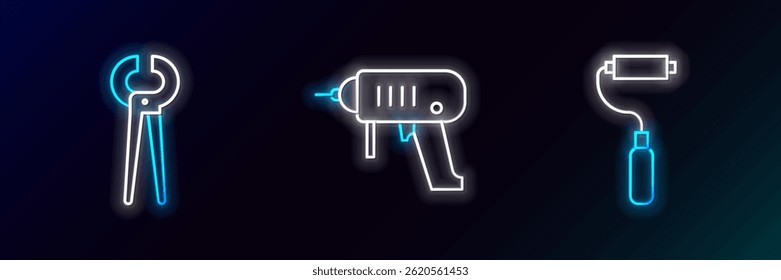 Set line Paint roller brush, Pincers and pliers and Electric drill machine icon. Glowing neon. Vector