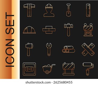 Set line Paint roller brush, Crossed ruler, Road barrier, Shovel, Bricks, Worker safety helmet, T-square line and Hammer icon. Vector
