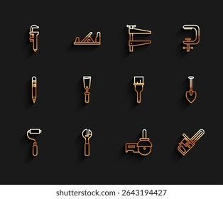 Set line Paint roller brush, Adjustable wrench, Calliper or caliper and scale, Angle grinder, Chainsaw, Putty knife, Shovel and  icon. Vector