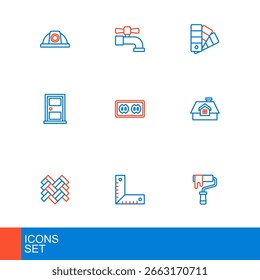 Linie Paint Walzenbürste, Ecklineal, Parkett, Haus, Geschlossene Tür, Elektrische Steckdose, Farbpalettenführung und Wasserhahn-Symbol. Vektorgrafik