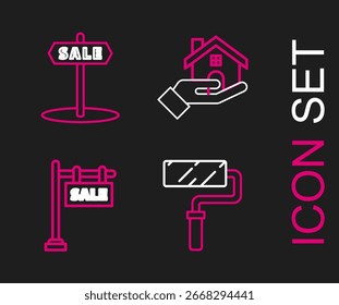 Set line Pincel de rodillo de pintura, signo colgante con texto Venta, agente inmobiliario e icono. Vector