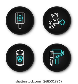 Set line Paint roller brush, spray can, gun and Spray nozzle cap icon. Vector
