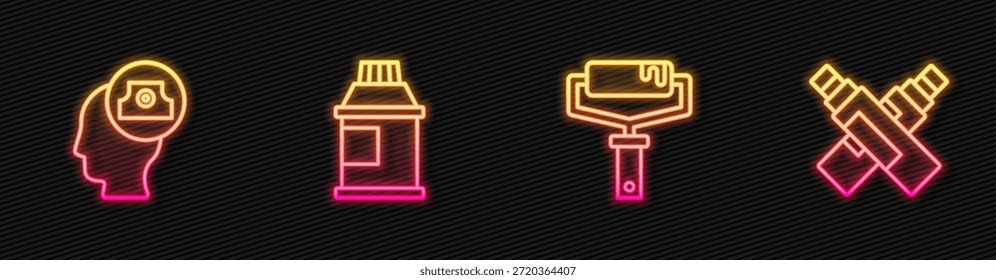 Pincel de rodillo de pintura, tapa de boquilla de lata de pulverización, pintura, gouache, tarro, tinte y rotulador. Icono de neón brillante. Vector