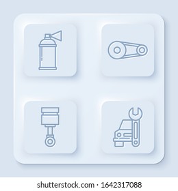 Set line Paint spray can, Timing belt kit, Engine piston and Car service. White square button. Vector
