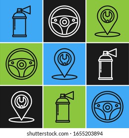 Set line Paint spray can, Car service and Steering wheel icon. Vector