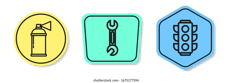Set line Paint spray can, Wrench and Traffic light. Colored shapes. Vector