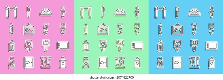 Set line Paint spray can, Graphic tablet, Palette knife, Protractor, Picture landscape, Wax crayons for drawing, Exhibition of paintings and Fountain pen nib icon. Vector