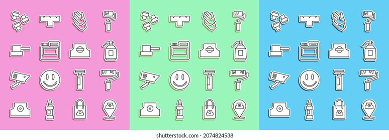 Set line Paint spray can, roller brush, gun, Rubber gloves, Paint, gouache, jar, dye, Spray nozzle cap, Marker pen attachment and  icon. Vector