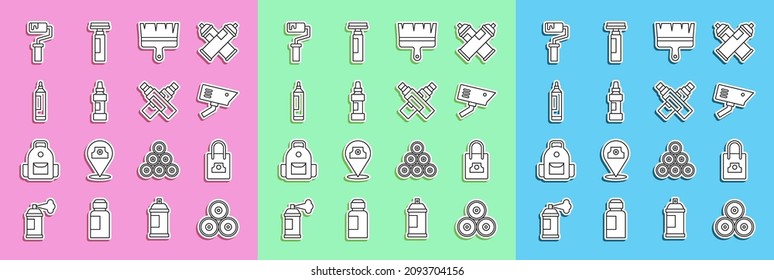 Fijar línea Paint spray can, Spray nozzle cap, Security Camera, pincel, Marker pen, roller e icono. Vector
