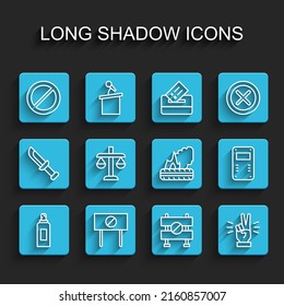 Set line Paint spray can, Protest, Ban, Road barrier, Hand showing two finger, Scales of justice, Police assault shield and Lying burning tires icon. Vector