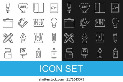 Set line Paint spray can, Pencil with eraser, Light bulb, Paper towel roll, brush palette, Graphic tablet, Fountain pen nib and sharpener icon. Vector