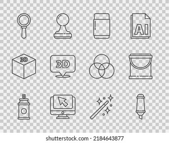 Set line Paint spray can, Marker pen, Eraser or rubber, Computer monitor and cursor, Magnifying glass, Speech bubble with text 3D, Magic wand and bucket icon. Vector