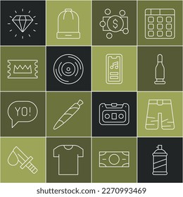 Set line Paint spray can, Wide pants, Bullet, Stacks paper money cash, Vinyl disk, Concert ticket, Diamond and Music player icon. Vector