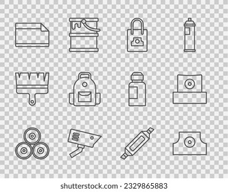 Set line Paint spray can, Spray nozzle cap, Security camera, Paper adhesive sticker, School backpack, Marker pen and  icon. Vector