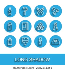 Set line Paint spray can, brush, Marker pen, Spray nozzle cap, Spiral notebook, Bolt cutter and  icon. Vector