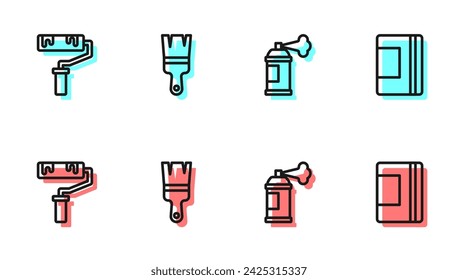 Set line Paint spray can, roller brush,  and Spiral notebook icon. Vector